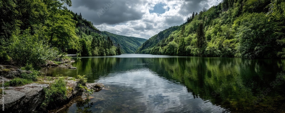 Aufkleber scenic view of lake in pine forest under cloudy blue sky concept. serene lake reflecting hills under