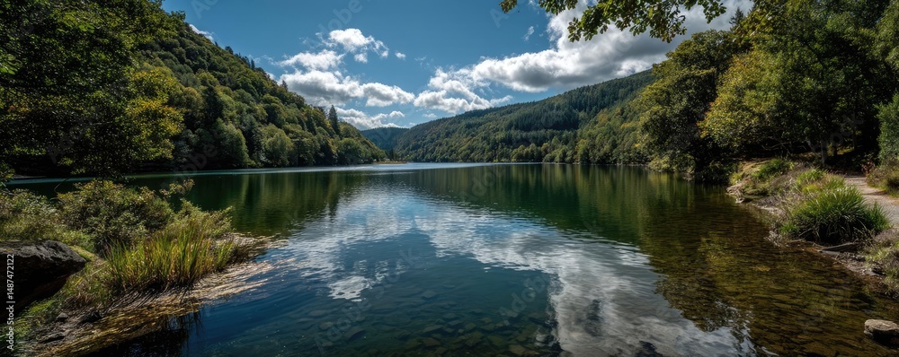 Poster scenic view of lake in pine forest under cloudy blue sky concept. a serene lake reflecting mountains