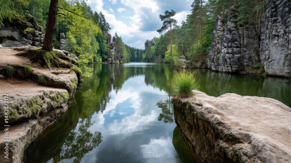 Poster scenic view of lake in pine forest under peaceful nature concept. serene river view surrounded by lu