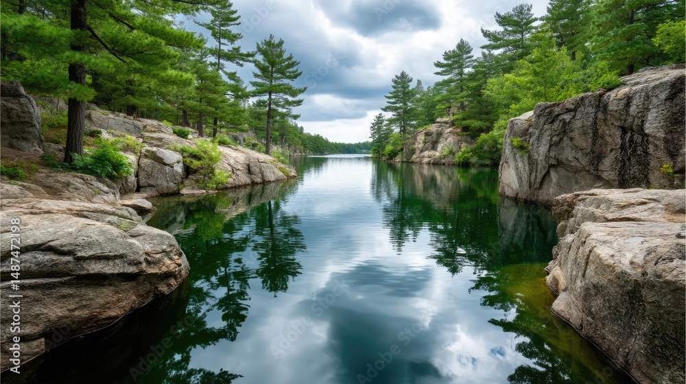 Poster scenic view of lake in pine forest under peaceful nature concept. serene lake reflecting lush greene