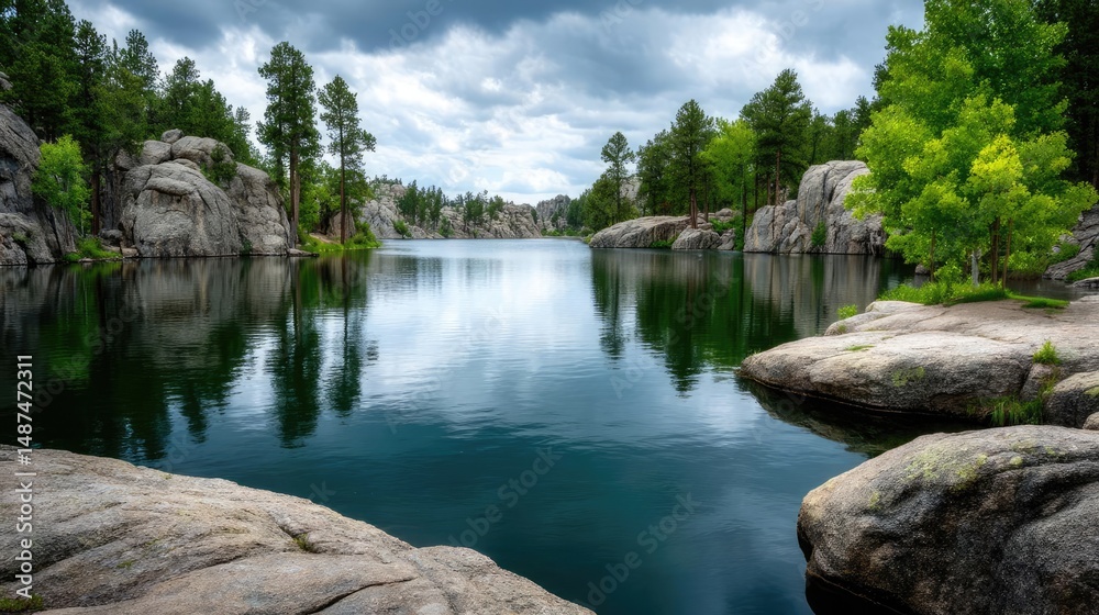 Aufkleber scenic view of lake in pine forest under peaceful nature concept. serene lake scene surrounded by ro