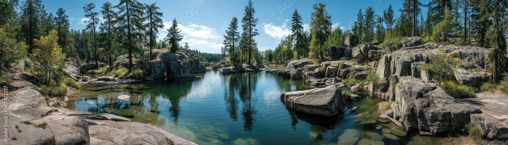 Poster scenic view of lake in pine forest with rock and trees concept. a serene lake surrounded by majestic