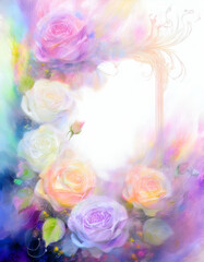 A soft, colorful floral frame featuring roses, ideal for invitations or artwork.