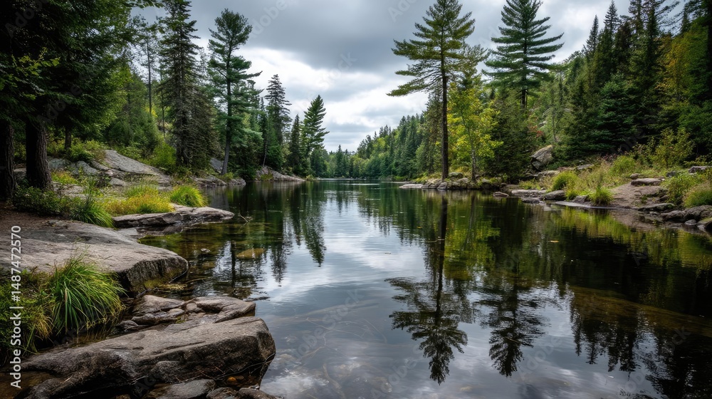Poster scenic view of lake in pine forest under cloudy blue sky concept. tranquil river scene surrounded by
