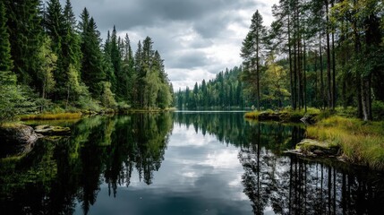 Obraz premium Scenic view of lake in pine forest under cloudy blue sky concept. Serene lake surrounded by lush pine trees under cloudy skies.