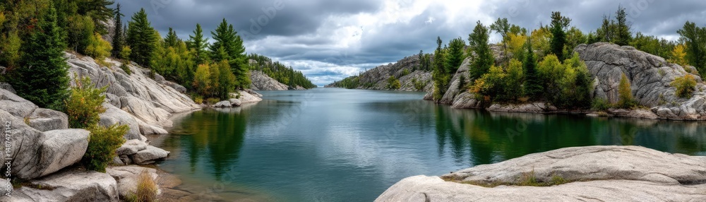 Poster scenic view of lake in pine forest under peaceful nature concept. scenic view of a tranquil lake sur