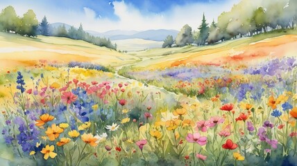 A watercolor of colorful field of wildflowers in bloom on sunny day.