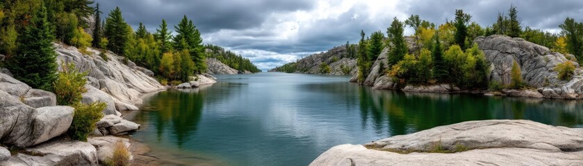 Scenic view of lake in pine forest under peaceful nature concept. Scenic view of a tranquil lake surrounded by rocky cliffs.