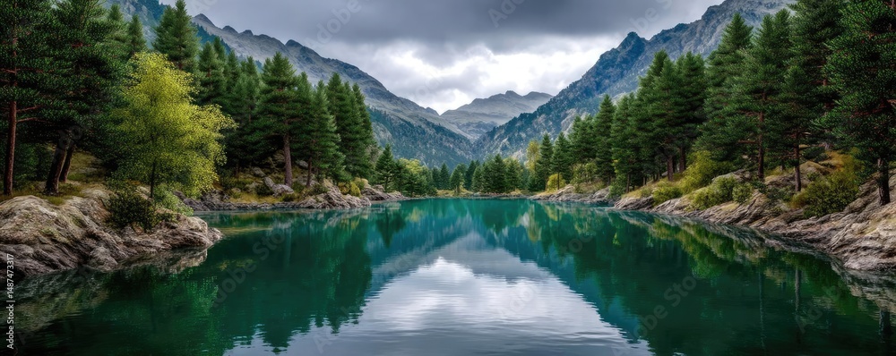 Aufkleber scenic view of lake in pine forest under cloudy blue sky concept. serene lake surrounded by majestic