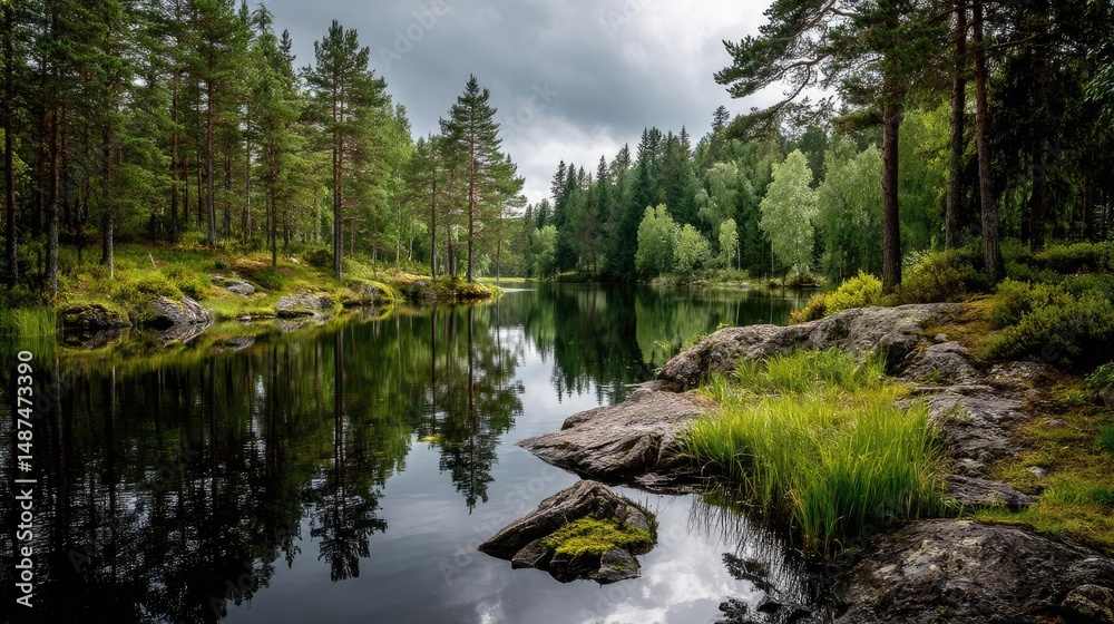 Poster scenic view of lake in pine forest under peaceful nature concept. serene lake surrounded by lush for