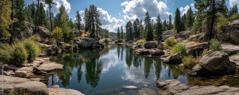 Poster scenic view of lake in pine forest with rock and trees concept. serene river surrounded by rocky sho