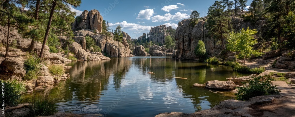 Poster scenic view of lake in pine forest with rock and trees concept. a serene lake surrounded by rocky la