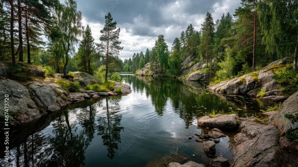 Poster scenic view of lake in pine forest under peaceful nature concept. serene lake surrounded by lush tre