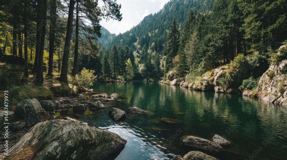 Poster scenic view of lake in pine forest with rock and trees concept. a serene lake surrounded by majestic