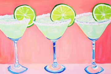 three margaritas cocktail with slices of lime paint