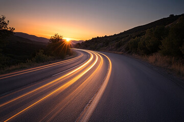Winding road's light trails lead to a beautiful sunset in a hilly countryside