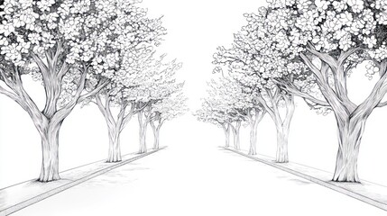 Urban trees perspective drawing, monochrome, pathway, background, illustration, street, design, graphic, artwork