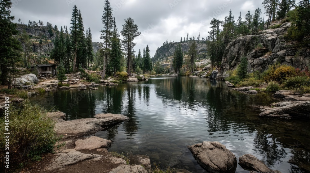 Poster scenic view of lake in pine forest under peaceful nature concept. serene lake surrounded by tall pin