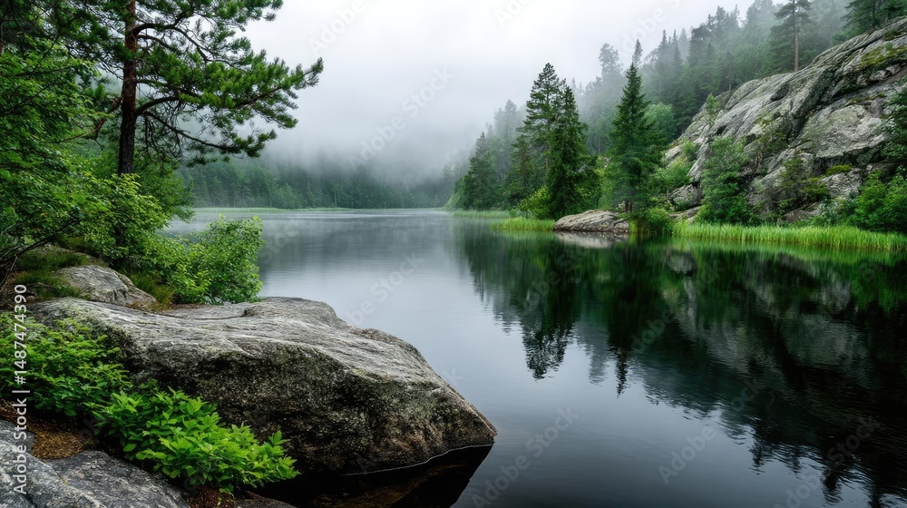 Poster Scenic view of lake in pine forest under peaceful nature concept. Serene lake surrounded by misty trees and rocky shorelines.