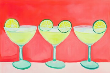three margaritas cocktail with slices of lime paint