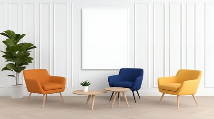 Fototapeta premium Living Room Interior with Colorful Armchairs and Blank Art
