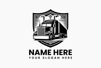 Obraz premium Powerful black and white semi-truck emblem with trailer and dynamic geometric stripe patterns in bold vector logo. Transportation industry concept 