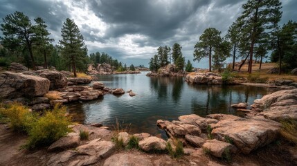 Obraz premium Scenic view of lake in pine forest under peaceful nature concept. Serene lake surrounded by rocks and trees under a cloudy sky.