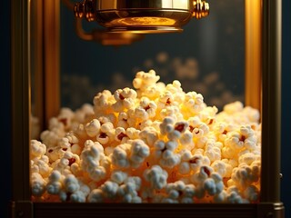 Fresh, fluffy popcorn fills a golden popcorn machine display.