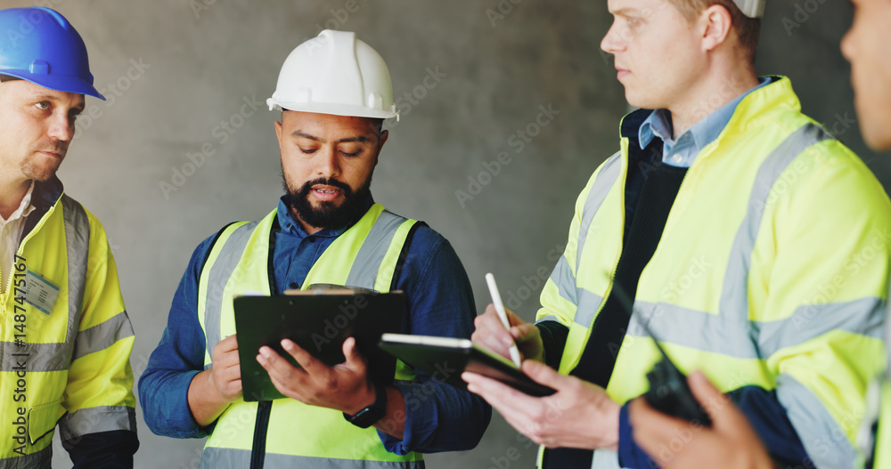 Poster man, clipboard and group at construction site in meeting, review or planning for renovation project.