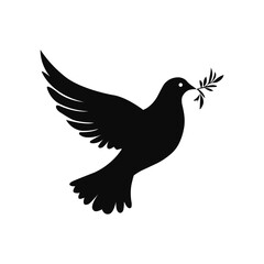 Elegant Black Silhouette Vector Illustration of a Dove in Flight with an Olive Branch, Representing Peace, Freedom, and Serenity