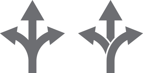 Three-way directional arrow in flat style. Vector illustration. Road direction icon isolated. Vector icon of branching three arrows. 