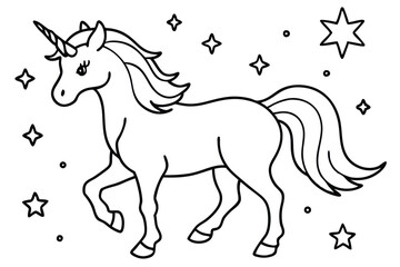 Outlined unicorn walks gracefully among stars, its single horn adding mystic charm