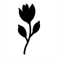 Monochrome flower silhouette with leaves on a stem for graphic resources