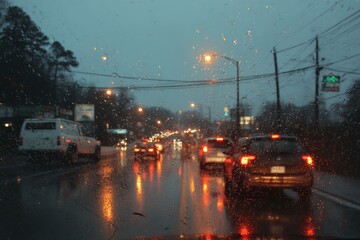 Fototapeta premium Raindrops trickling while stuck in traffic
