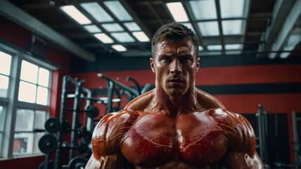 Intense male bodybuilder posing in gym highlighting muscular physique and strength training dedication