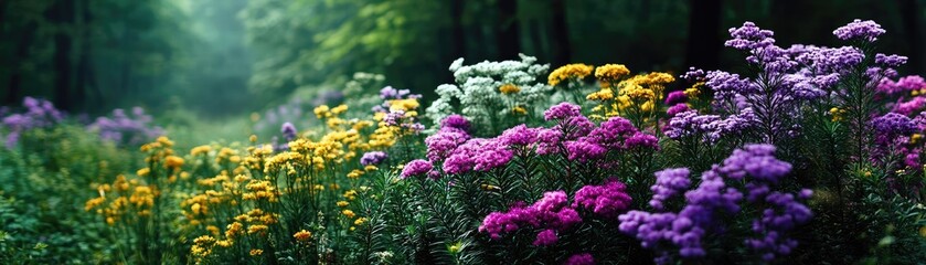 Obraz premium Blooming flowers in meadow surrounded by vibrant nature gardens concept. A vibrant field of wildflowers in full bloom under soft daylight.