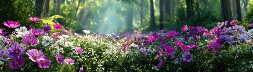 Obraz premium Blooming flowers in meadow surrounded by vibrant nature gardens concept. A vibrant field of colorful flowers in a serene forest setting.