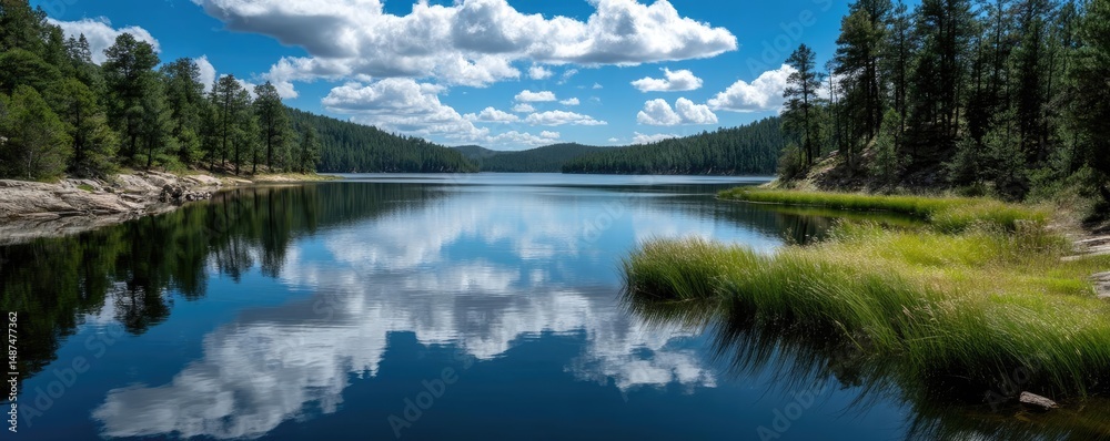 Poster scenic view of lake in pine forest under cloudy blue sky concept. serene lake reflecting clouds and 