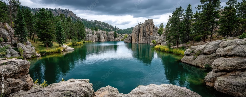 Poster Scenic view of lake in pine forest with rock and trees concept. Serene lake reflecting rocky cliffs and lush greenery under clouds.