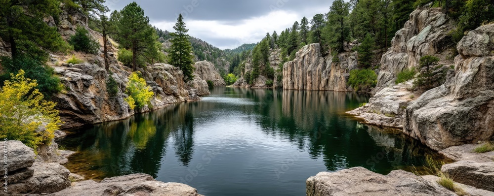 Poster scenic view of lake in pine forest with rock and trees concept. serene lake surrounded by rocky clif