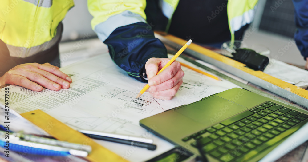 Fototapete collaboration, hands and laptop with construction worker people closeup on building site for plannin