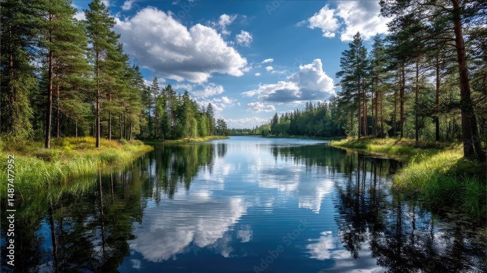 Aufkleber scenic view of lake in pine forest under cloudy blue sky concept. calm river reflecting trees and cl