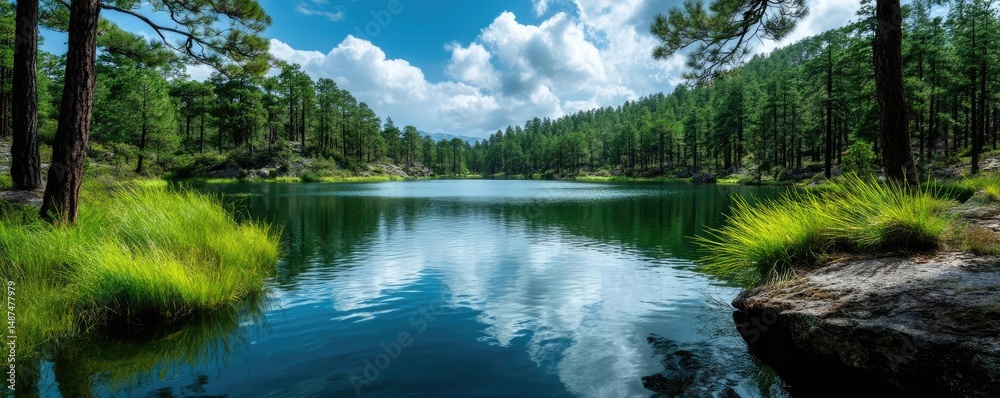 Aufkleber scenic view of lake in pine forest under cloudy blue sky concept. serene lake in a lush forest under