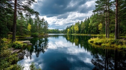 Obraz premium Scenic view of lake in pine forest under cloudy blue sky concept. Serene lake surrounded by lush green trees and dramatic skies.