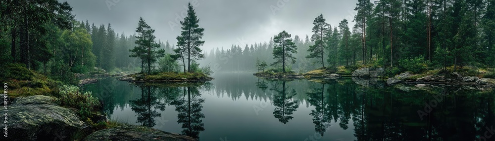 Poster Scenic view of lake in pine forest under cloudy blue sky concept. Misty lake surrounded by dense forest on a tranquil morning.