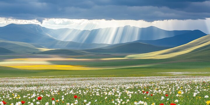 Stunning Spring Meadow Landscape Sun Rays Mountain View sky art field green white hills rural image