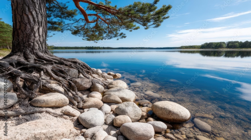 Poster Scenic view of lake in pine forest with rock and trees concept. Tranquil lakeside scene with tree roots and smooth stones.