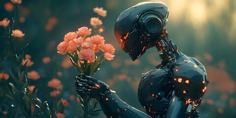 A futuristic robot tenderly holding a bouquet of flowers.