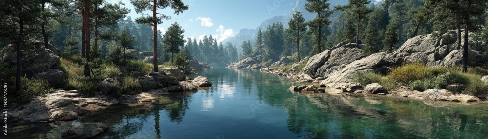 Poster Scenic view of lake in pine forest with rock and trees concept. Serene river flowing through rocky terrain and lush green forest.