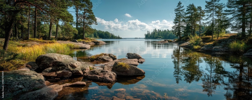 Poster Scenic view of lake in pine forest with rock and trees concept. Serene lake view surrounded by lush greenery and tranquil nature.